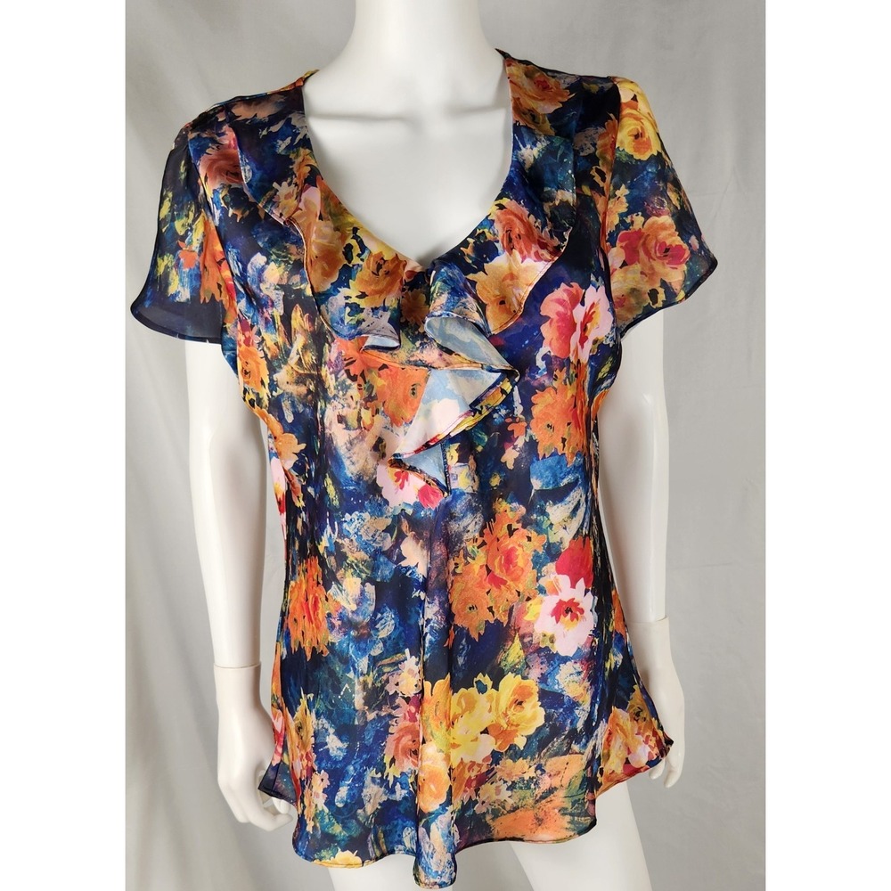Vintage Notations Floral Satin Blouse – Ruffle V‑Neck Flutter Sleeves – Y2K XL